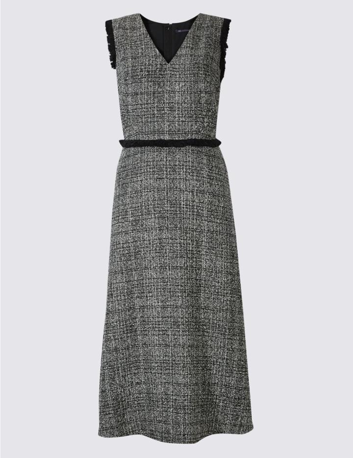 Marks & Spencer Checked Frayed Edge Midi Dress Black Mix