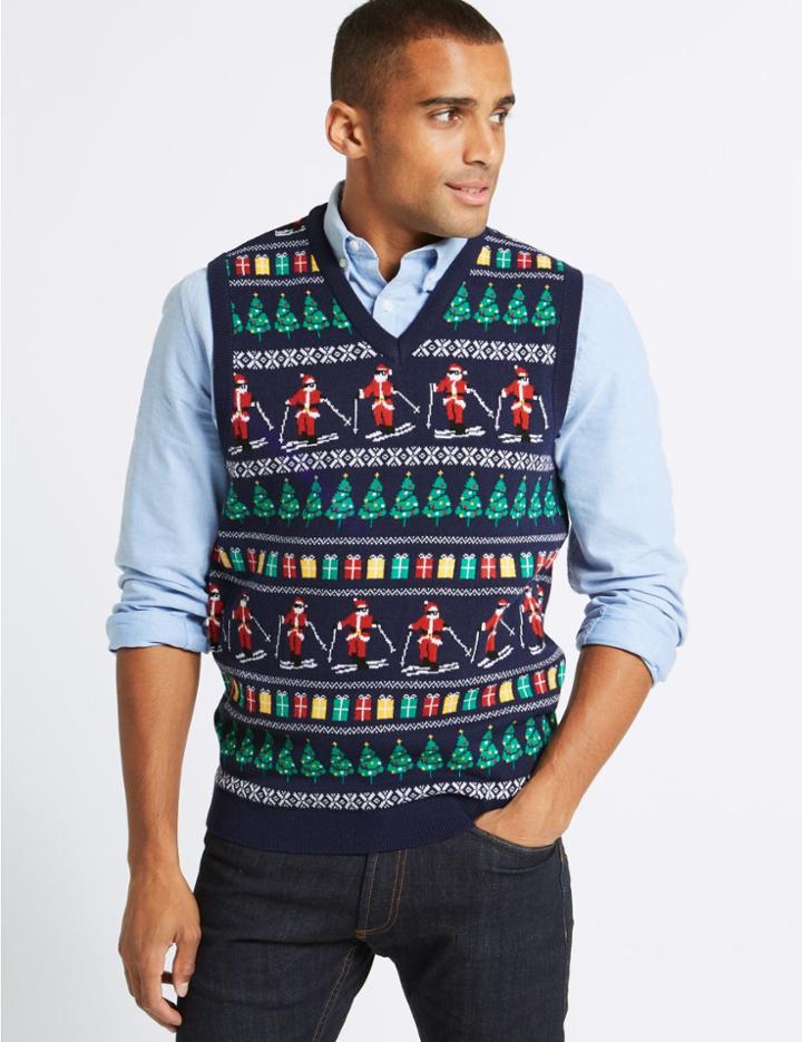 Marks & Spencer Skiing Santa Christmas Sleeveless Jumper Navy Mix