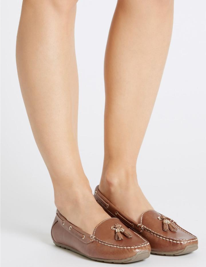 Marks & Spencer Wide Fit Leather Tassle Boat Shoes Tan