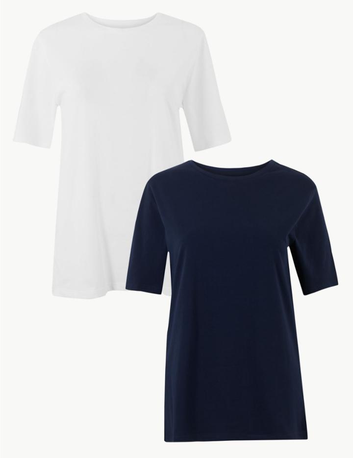 Marks & Spencer 2 Pack Pure Cotton Short Sleeve T-shirt Navy/white