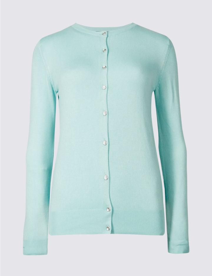Marks & Spencer Ribbed Hem Round Neck Cardigan Light Turquoise