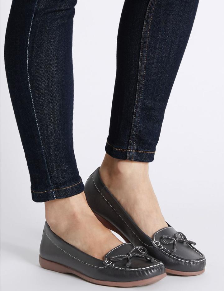 Marks & Spencer Leather Bow Boat Shoes Navy