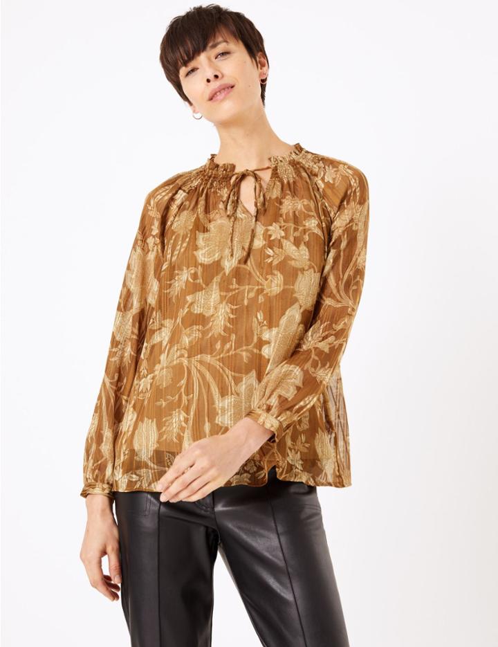 Marks & Spencer Floral Print Smocked Neck Blouse Gold Mix