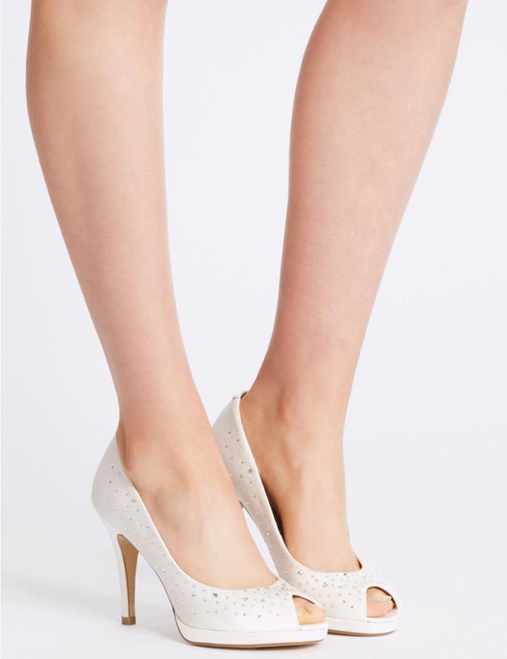 Marks & Spencer Stiletto Peep Diamante Platform Court Shoes Cream