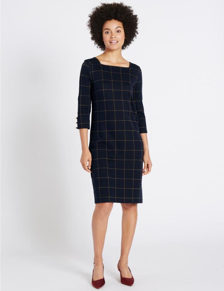Marks & Spencer Cotton Rich Checked Cuff Button Tunic Dress Blue Mix