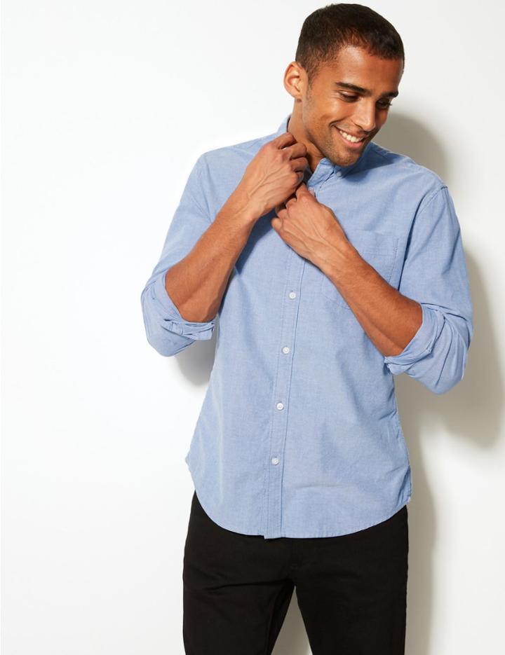 Marks & Spencer Pure Cotton Oxford Shirt With Pocket Chambray