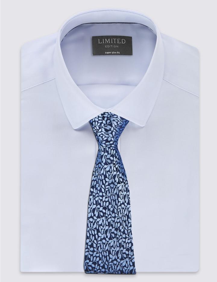 Marks & Spencer Pure Silk Textured Floral Tie Periwinkle