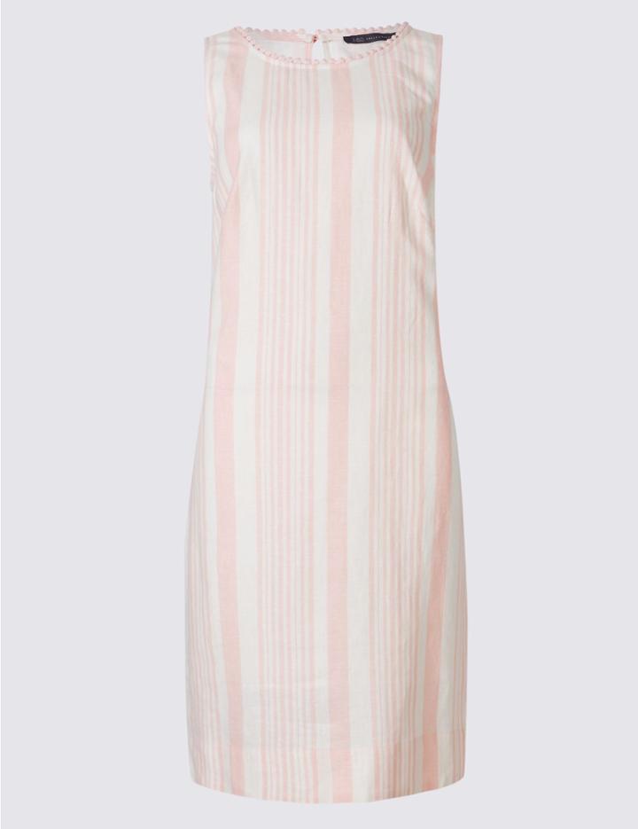 Marks & Spencer Linen Blend Striped Tunic Dress Pink Mix