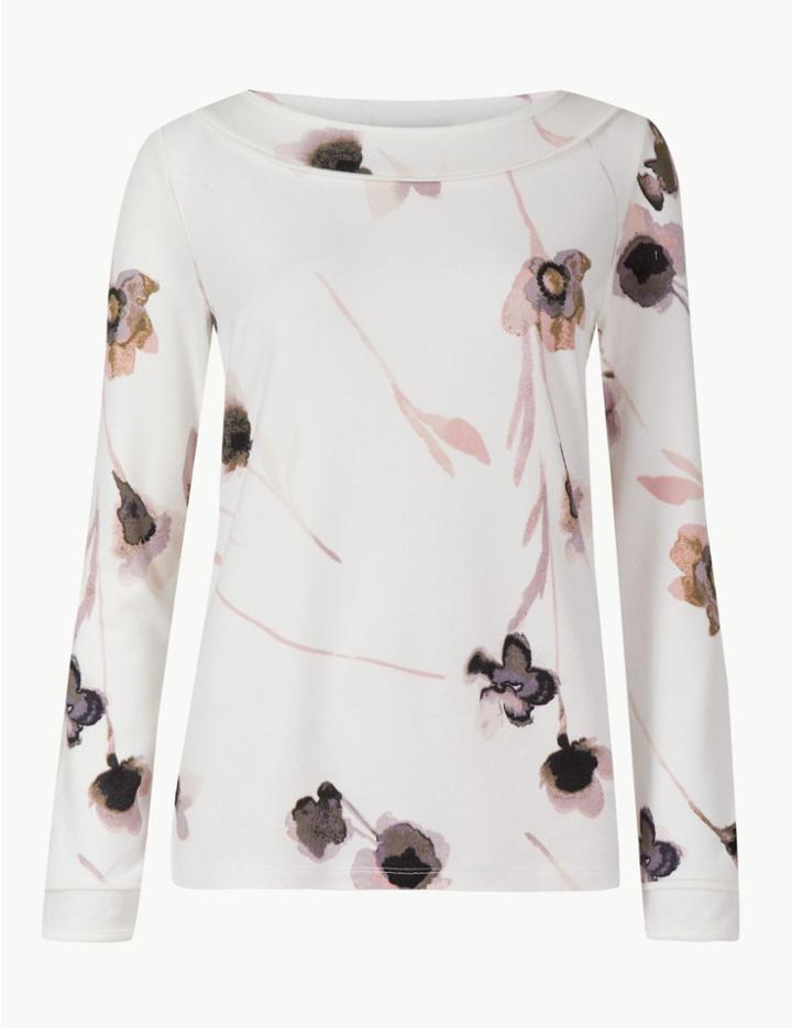 Marks & Spencer Floral Print Slash Neck Long Sleeve Blouse Ivory Mix