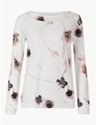 Marks & Spencer Floral Print Slash Neck Long Sleeve Blouse Ivory Mix