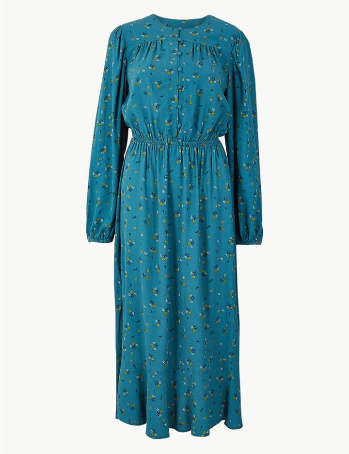 Marks & Spencer Floral Print Waisted Midi Dress Teal Mix