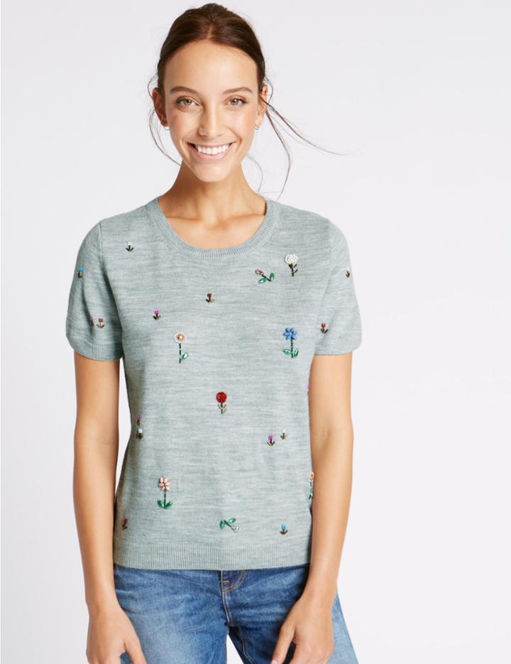 Marks & Spencer Embellished Round Neck Short Sleeve Jumper Grey Marl