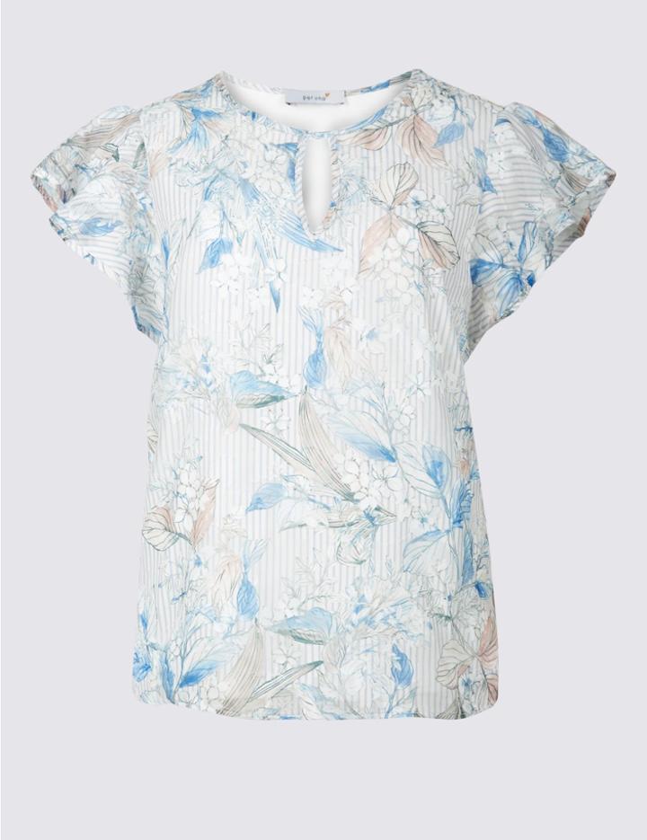 Marks & Spencer Jacquard Front Round Neck Short Sleeve Top Ivory Mix