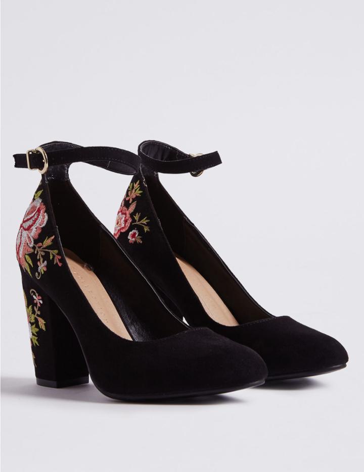 Marks & Spencer Block Heel Embroidered Court Shoes Black Mix