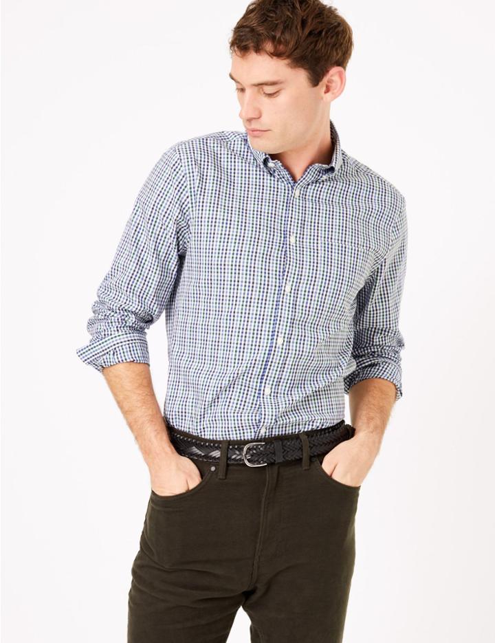 Marks & Spencer 2in Shorter Tailored Fit Gingham Shirt Green Mix