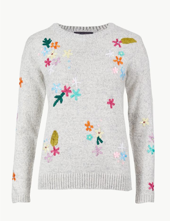 Marks & Spencer Cotton Blend Embroidered Round Neck Jumper Grey Marl