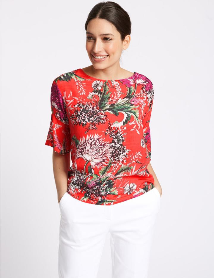 Marks & Spencer Floral Print Round Neck &frac34; Sleeve Top Red Mix