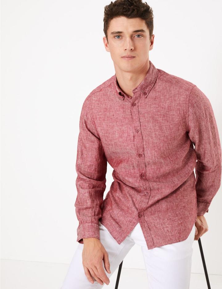 Marks & Spencer Pure Linen Slim Fit Shirt Dark Red
