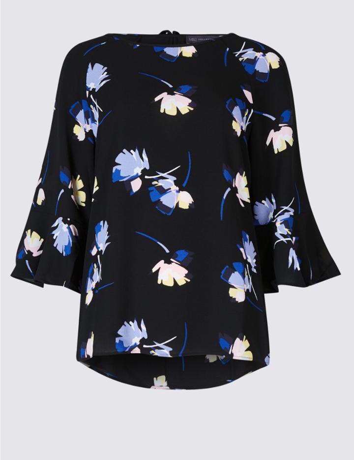 Marks & Spencer Floral Print Kimono Flared Sleeve Shell Top Black Mix