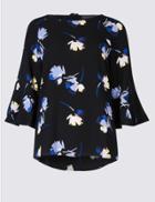 Marks & Spencer Floral Print Kimono Flared Sleeve Shell Top Black Mix