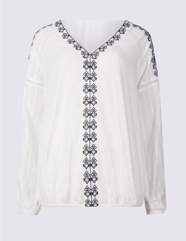 Marks & Spencer Pure Cotton Floral Print Jersey Top White Mix