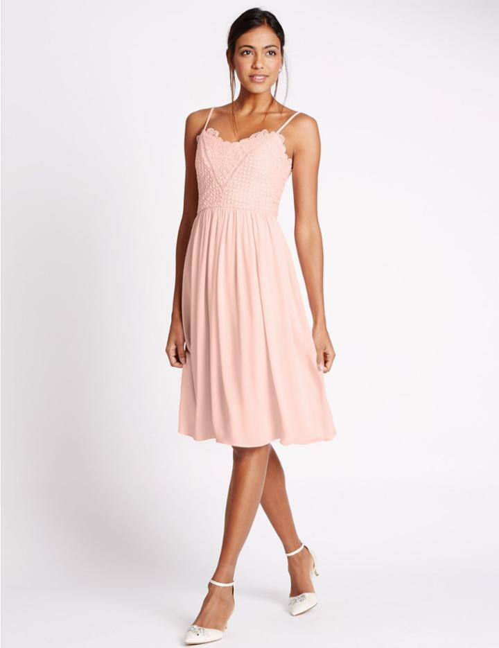 Marks & Spencer Floral Lace Ladder Trim Skater Midi Dress Blush Pink