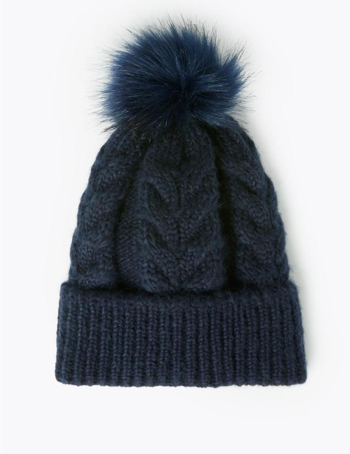 Marks & Spencer Cable Knit Pom-pom Beanie Navy