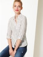 Marks & Spencer Pure Cotton Striped Long Sleeve Shirt Flax Mix