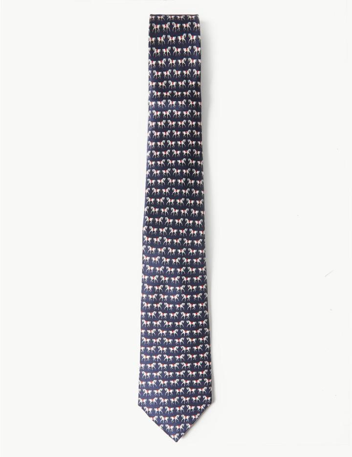 Marks & Spencer Pure Silk Horse Print Tie Navy Mix