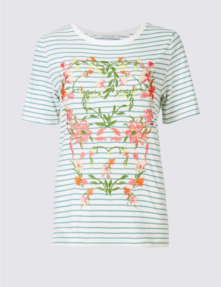 Marks & Spencer Cotton Rich Floral Embroidered T-shirt Ivory Mix