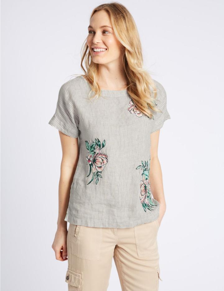 Marks & Spencer Pure Linen Stripe Embroidered Blouse Multi/neutral