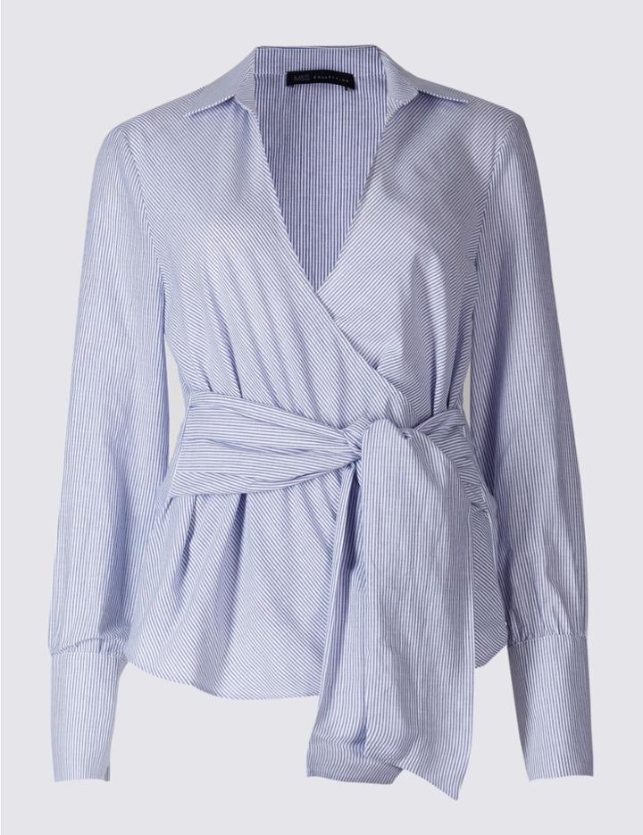 Marks & Spencer Pure Cotton Striped Wrap Poplin Blouse Blue Mix