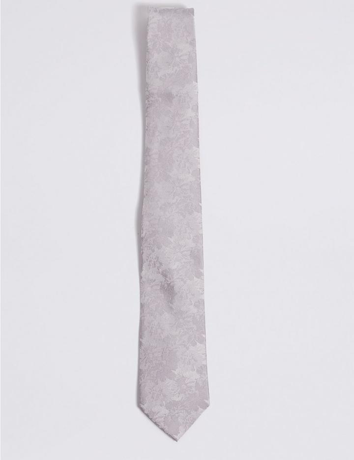 Marks & Spencer Pure Silk Floral Print Tie & Pocket Square Set Platinum