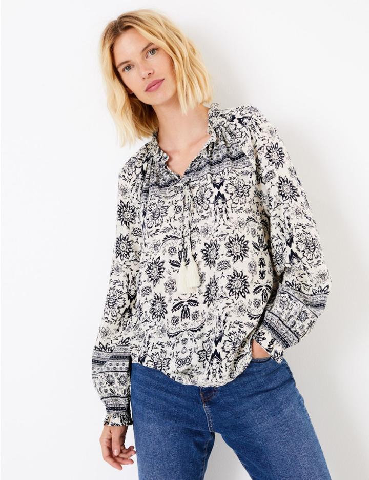 Marks & Spencer Artisan Print Tie Neck Blouse Ivory Mix