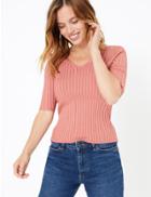 Marks & Spencer Petite Ribbed V-neck Top Hot Bronze