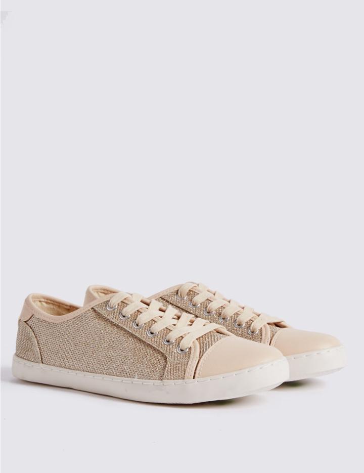 Marks & Spencer Lace-up Glitter Toe Cap Trainers Gold Mix