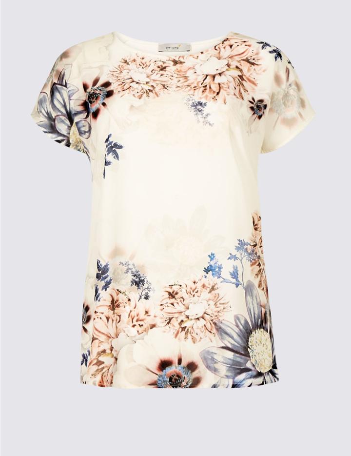 Marks & Spencer Floral Print Woven Front Slash Neck T-shirt Ivory Mix