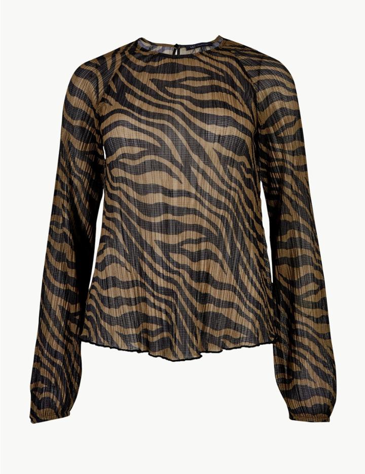 Marks & Spencer Animal Print Round Neck Long Sleeve Blouse Black Mix