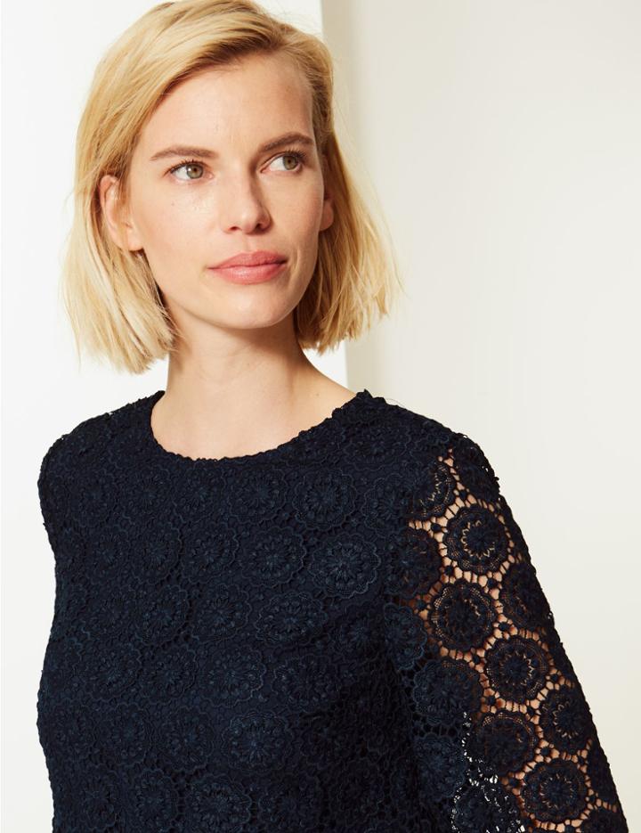 Marks & Spencer Lace Round Neck Long Sleeve Shell Top Navy