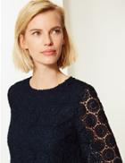 Marks & Spencer Lace Round Neck Long Sleeve Shell Top Navy
