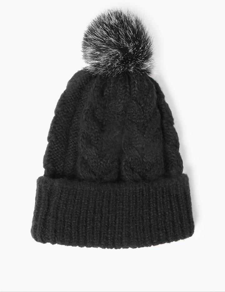 Marks & Spencer Cable Knit Pom-pom Beanie Black