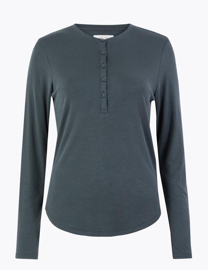 Marks & Spencer Ribbed Button Detailed Top Dark Khaki