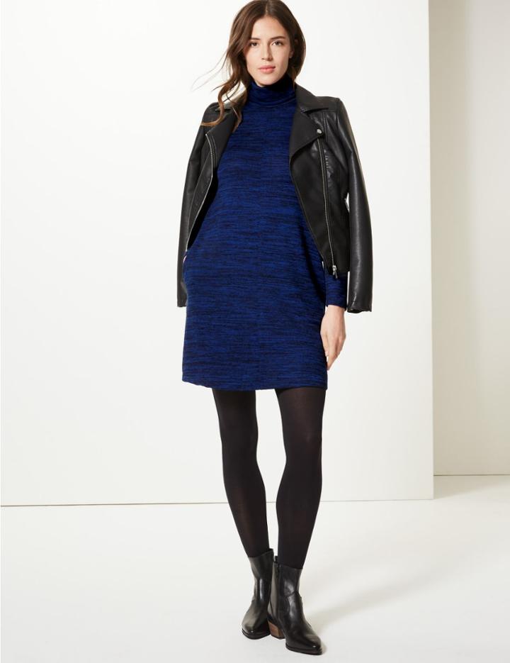 Marks & Spencer Textured Long Sleeve Shift Mini Dress Navy Mix