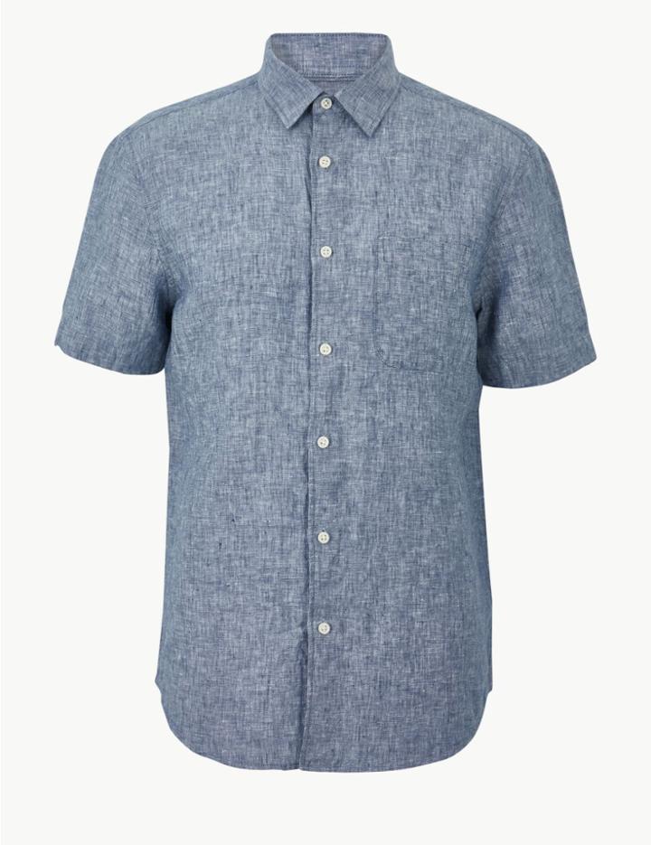 Marks & Spencer Pure Linen Shirt With Pocket Blue