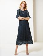 Marks & Spencer Lace Short Sleeve Waisted Midi Dress Navy