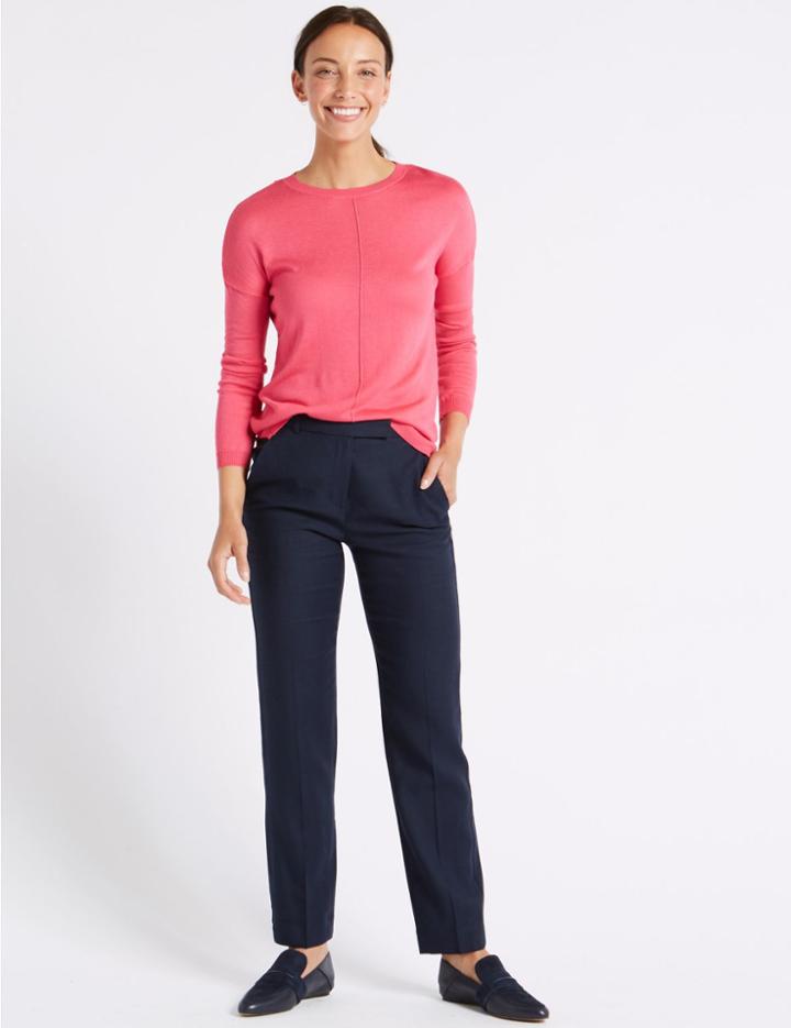 Marks & Spencer Linen Blend Straight Leg Trousers Navy