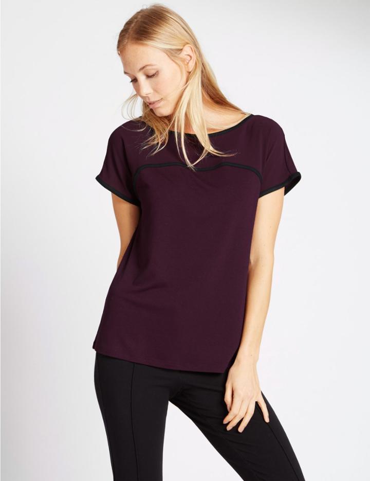 Marks & Spencer Short Sleeve Tipped Jersey Top Burgundy Mix
