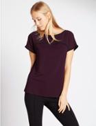 Marks & Spencer Short Sleeve Tipped Jersey Top Burgundy Mix
