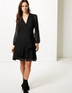 Marks & Spencer Spotted Dobby Long Sleeve Wrap Dress Black