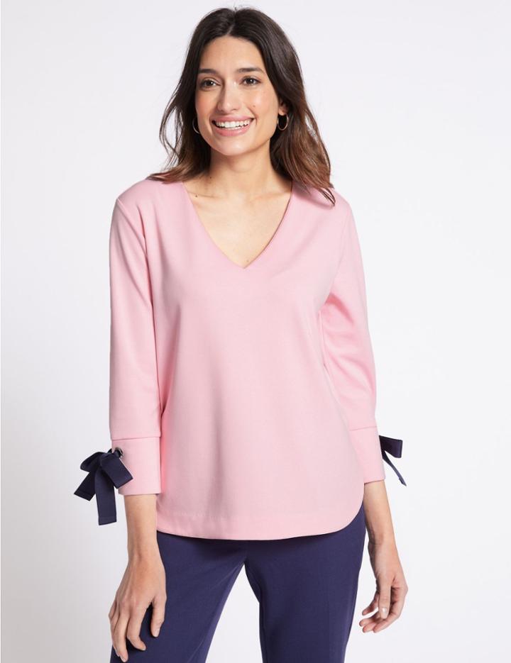 Marks & Spencer Bow Tie Sleeve V-neck T-shirt Pink